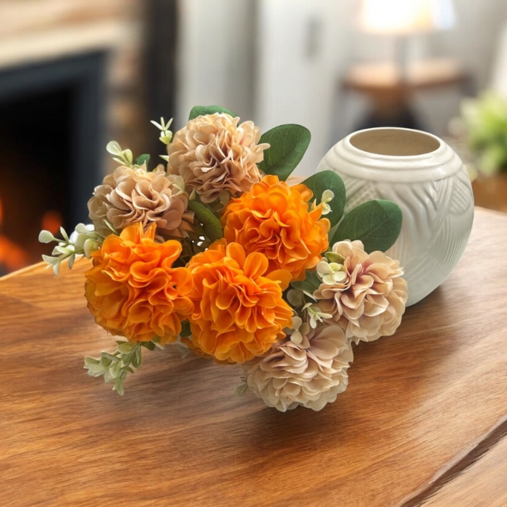 Chrysanthemum Bouquet Faux Floral Orange and Peach Coloured Green Accents New